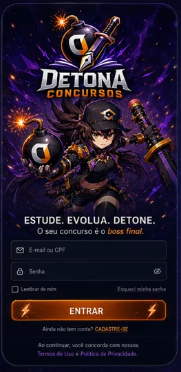 Tela real de entrada na jornada do Detona Concursos